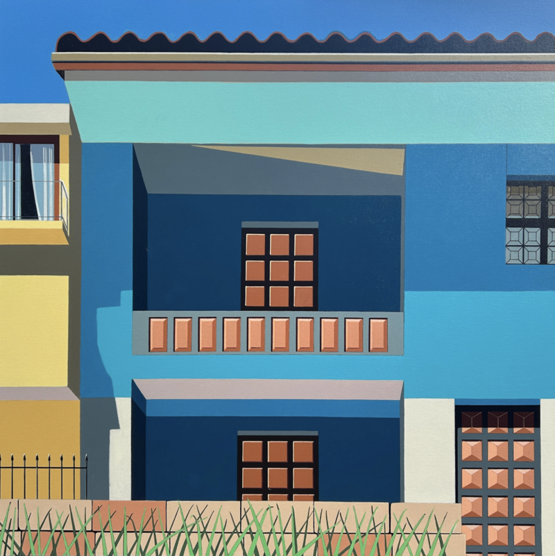 A painting by Gordon Leverton titled WINAY (Content) (36 x 36 x 1.5 in), depicting a vibrant, geometric facade of a building with blue, teal, and yellow walls, and multiple grid-like windows and doors in red and brown tones. The foreground features tall blades of grass and a metal fence, with strong shadow play and crisp architectural forms.
